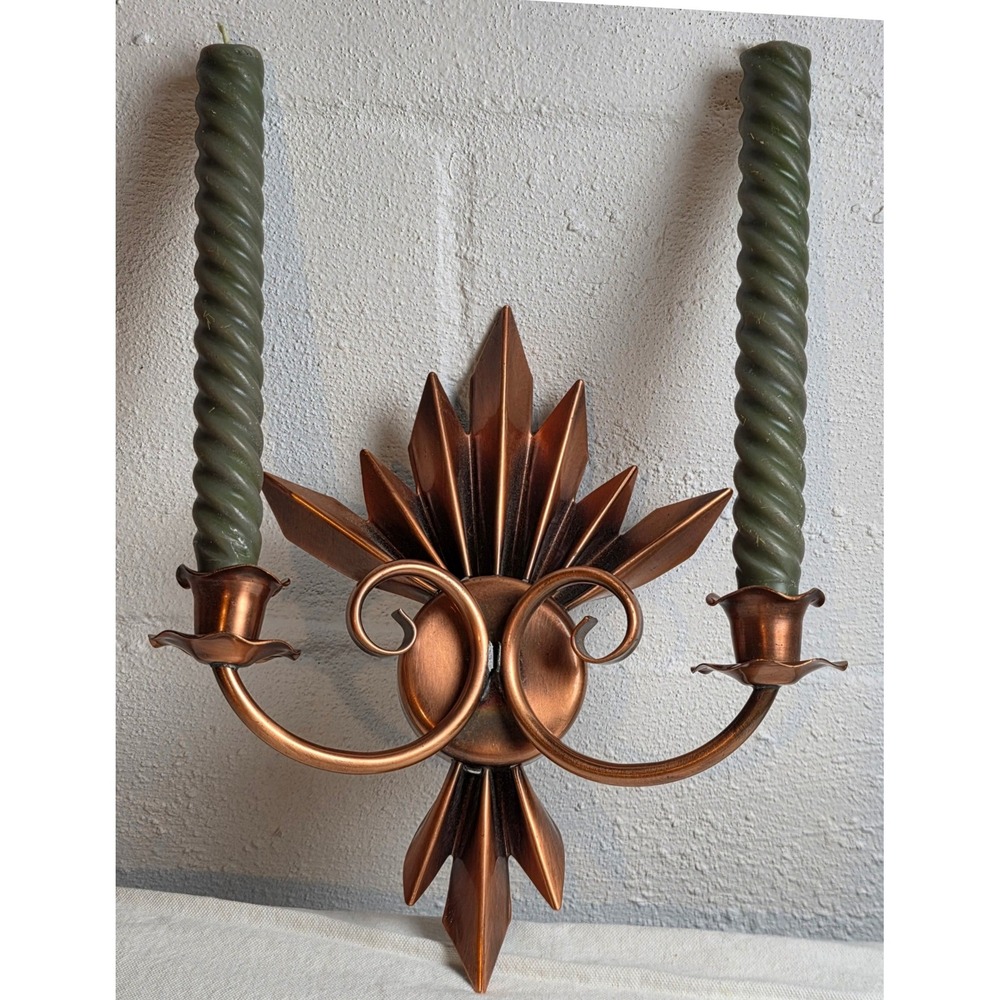 Vintage MCM Copper Pleated Sunburst Wall Sconce Double Candle Holder